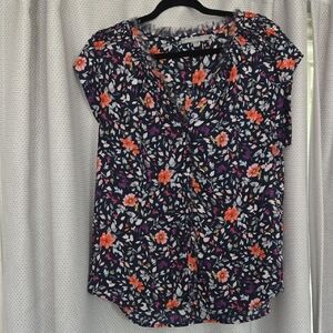 Daniel Rainn Navy Floral Blouse with Orange and Purple Accents